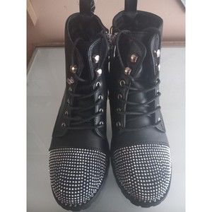 Tahari Girl's Black Combat Studded Boots Sz 3 NWT Fashion Bling Tie Up Shoes